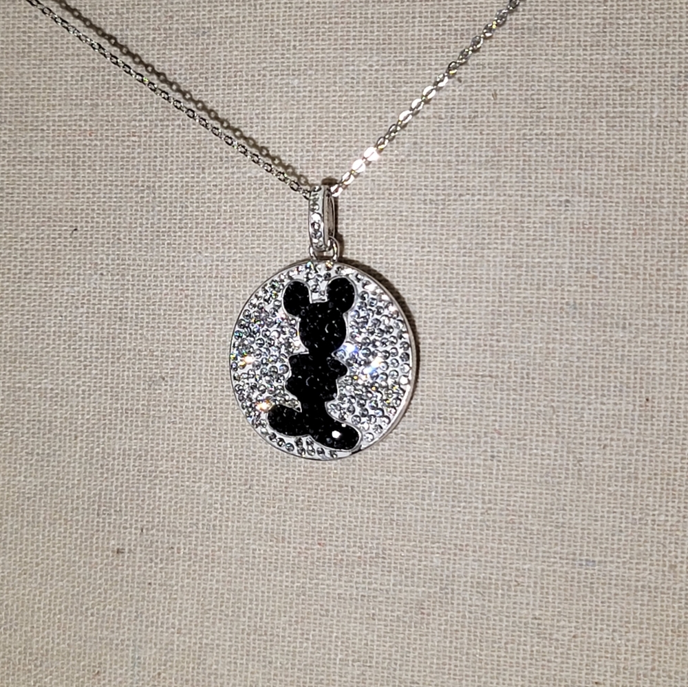 Mickey Mouse Silhouette Stainless Steel w/ Clear & Black Crystals Necklace - Picture 5 of 5
